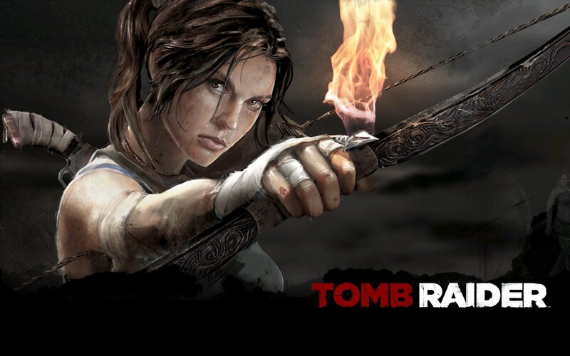 Lara Croft with Bow — Black, Dramatic, Digital Art, Fire