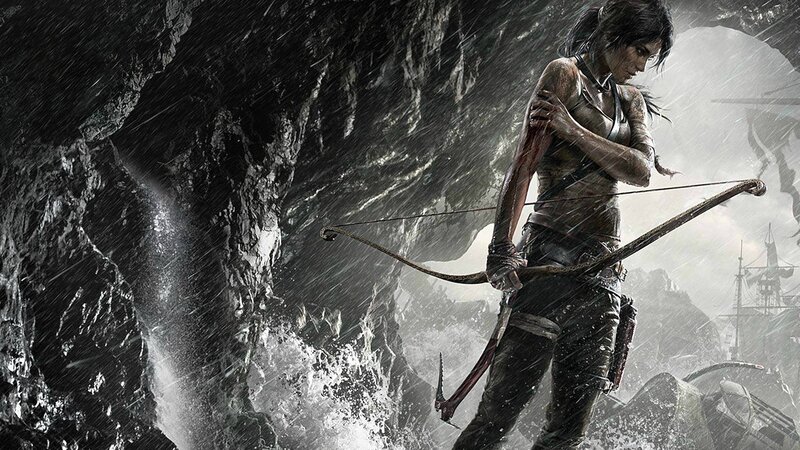 Lara Croft with Bow — Black, Dramatic, Digital Art, Rain