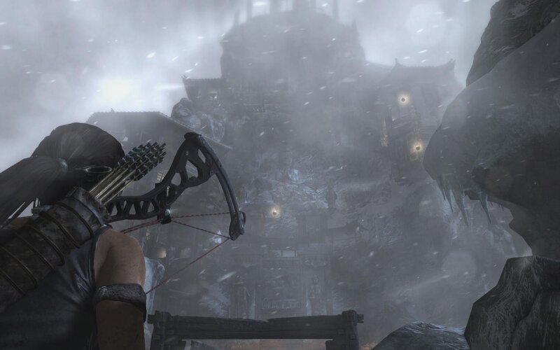 Lara Croft with Bow — Gray, Dramatic, Winter