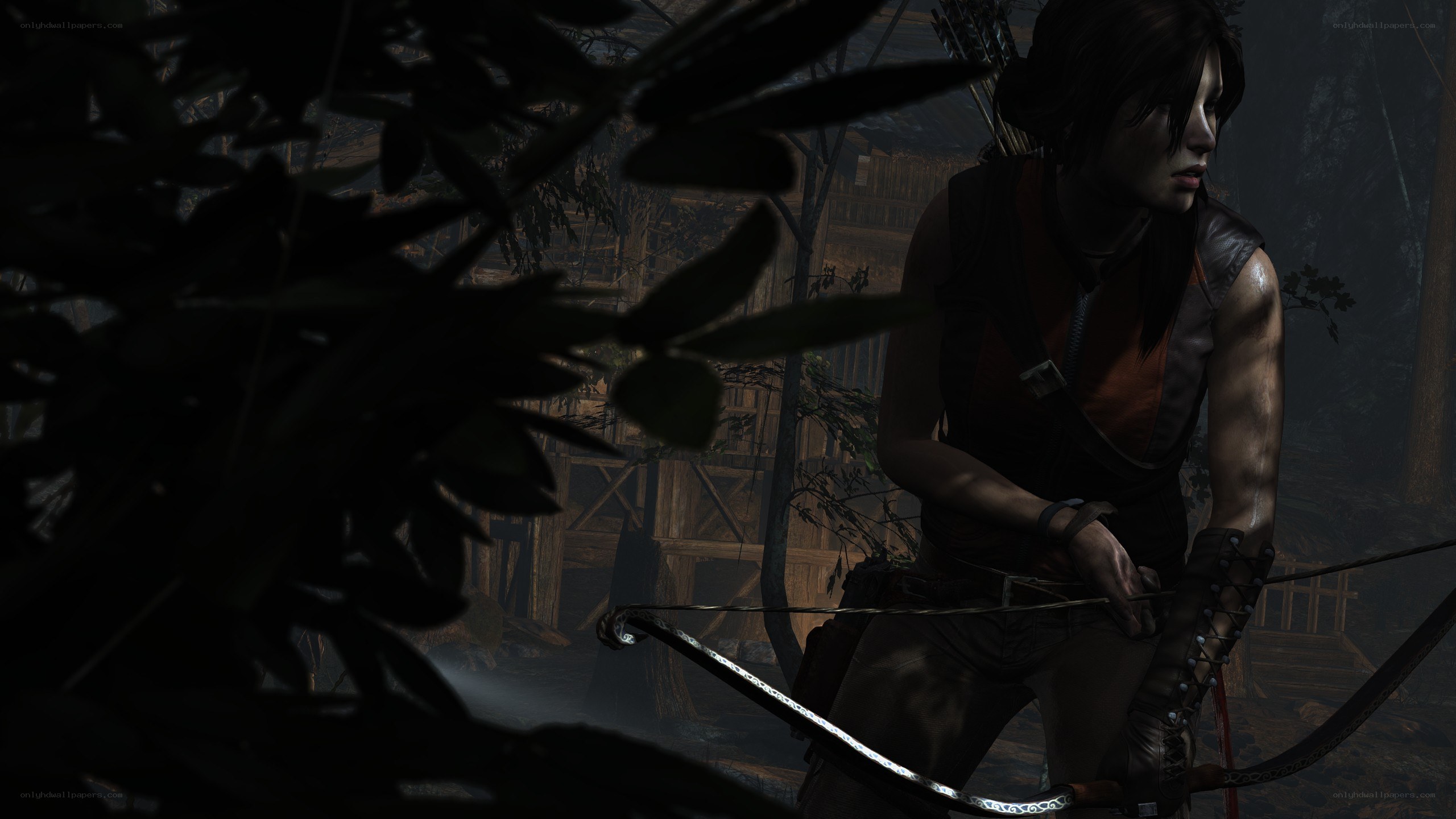 Lara Croft with bow in jungle