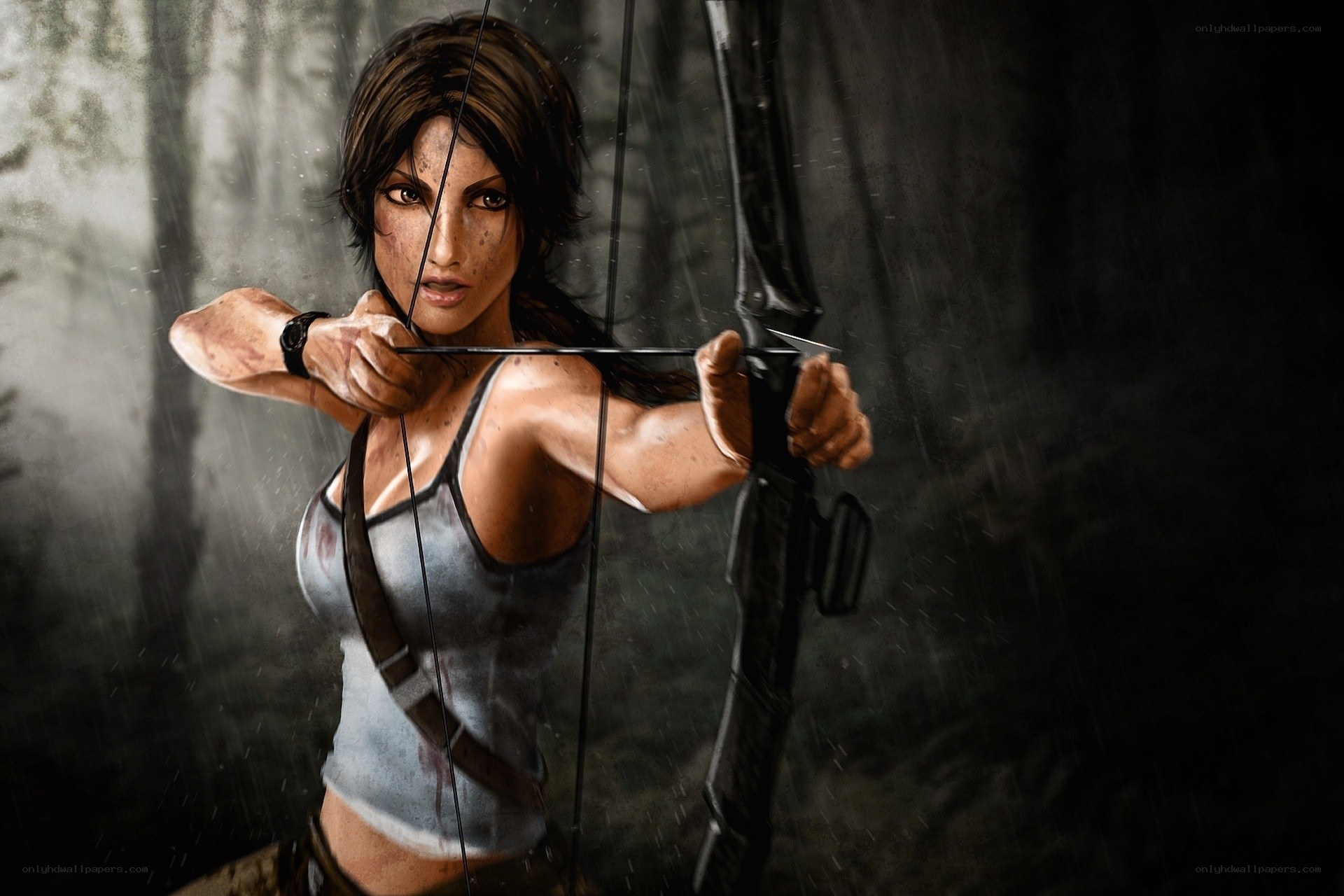 Lara Croft with bow in rain