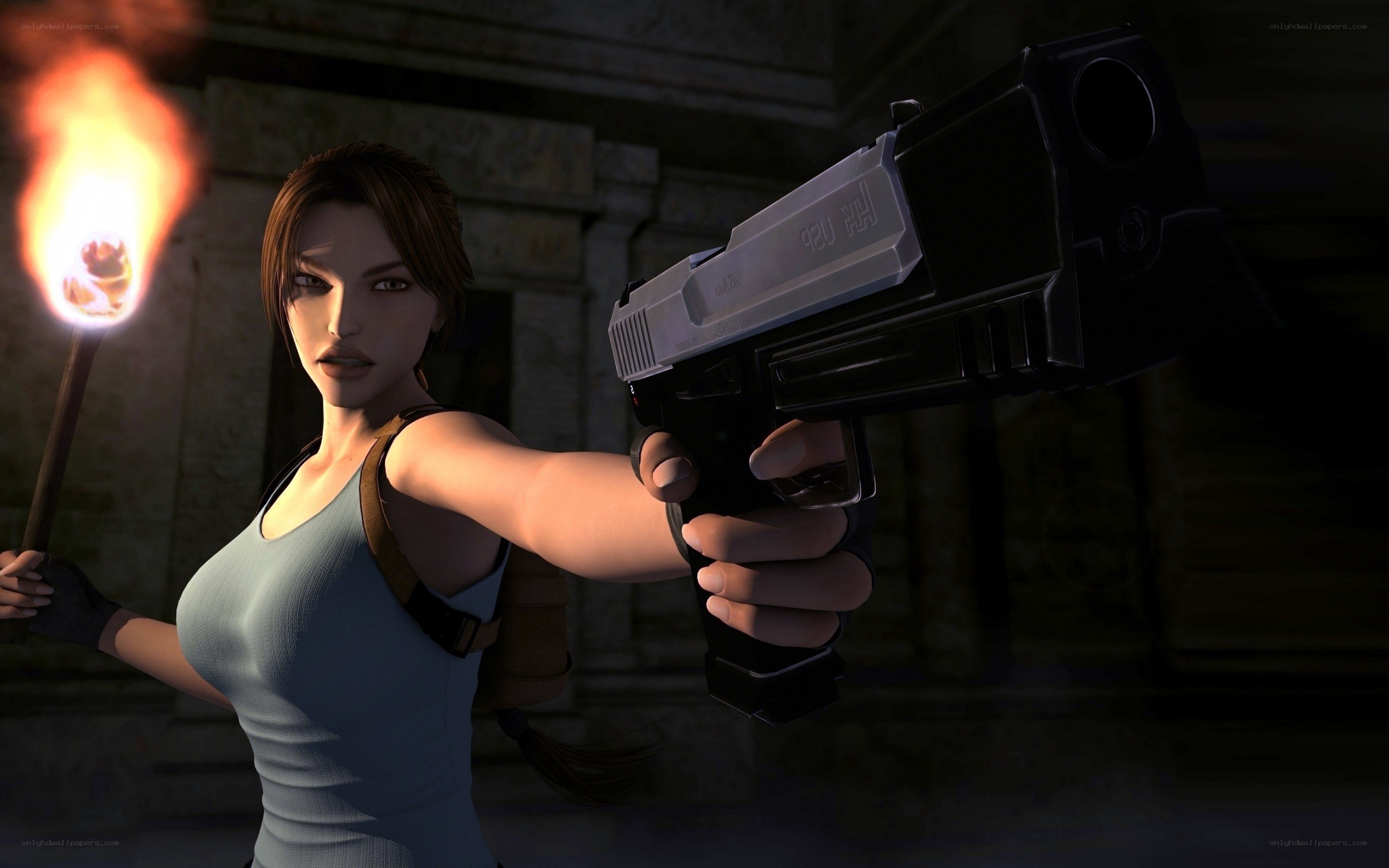 Lara Croft with gun and torch