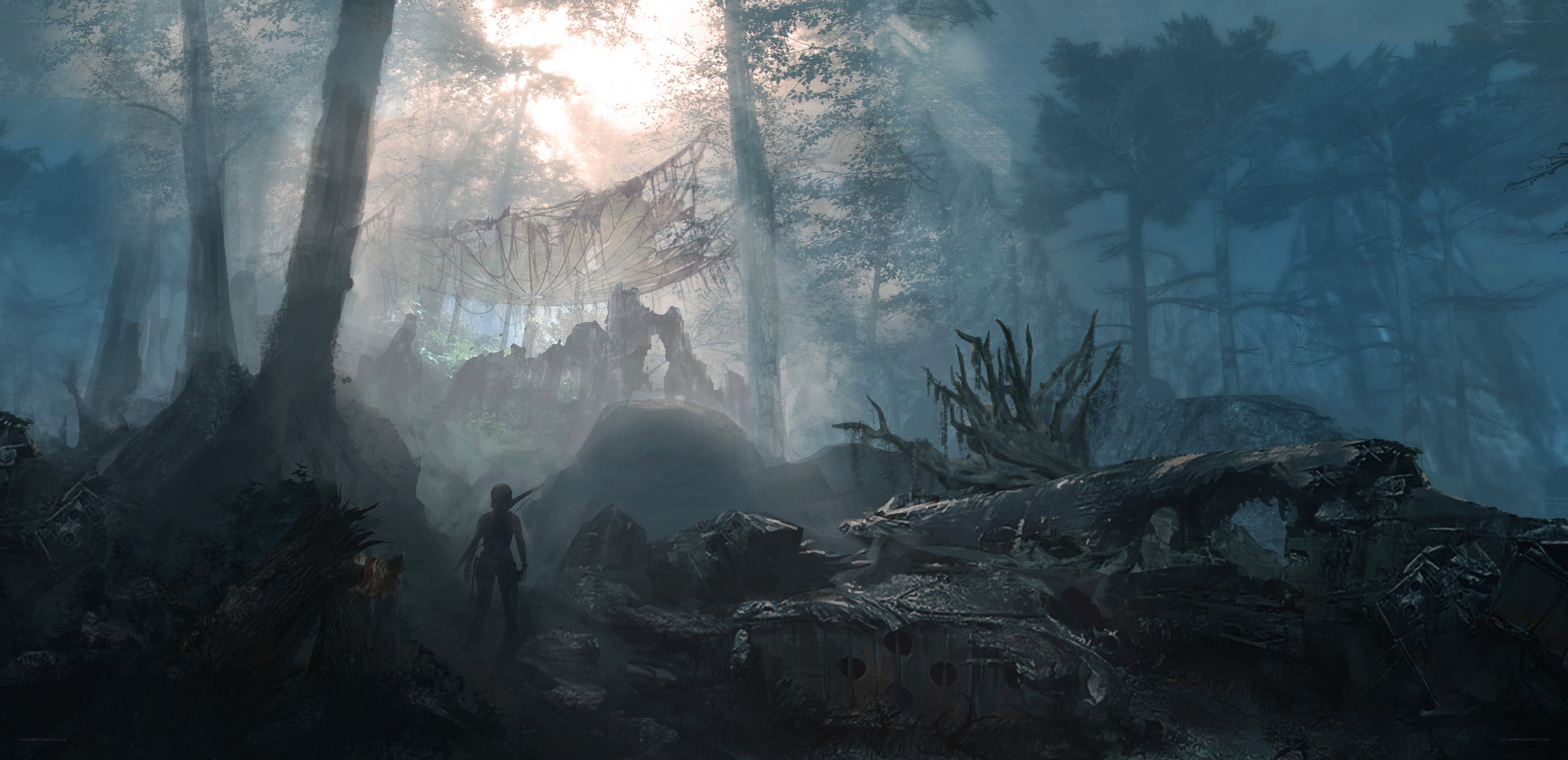 Lara in a misty forest