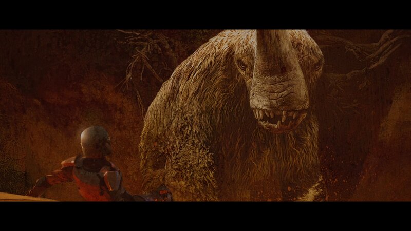 Large Beast Confronting Soldier