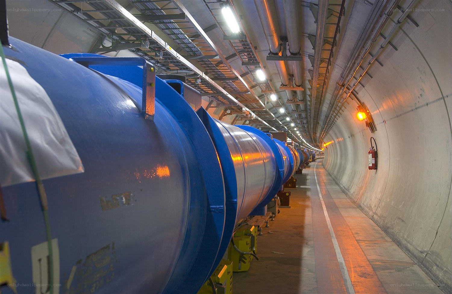 Large blue scientific equipment in tunnel