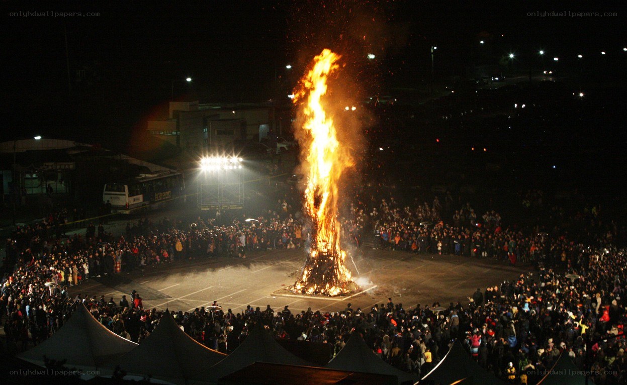 Large bonfire at night festival