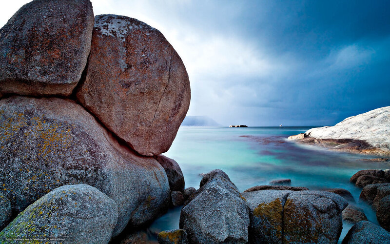Large Boulders on Beach — Blue