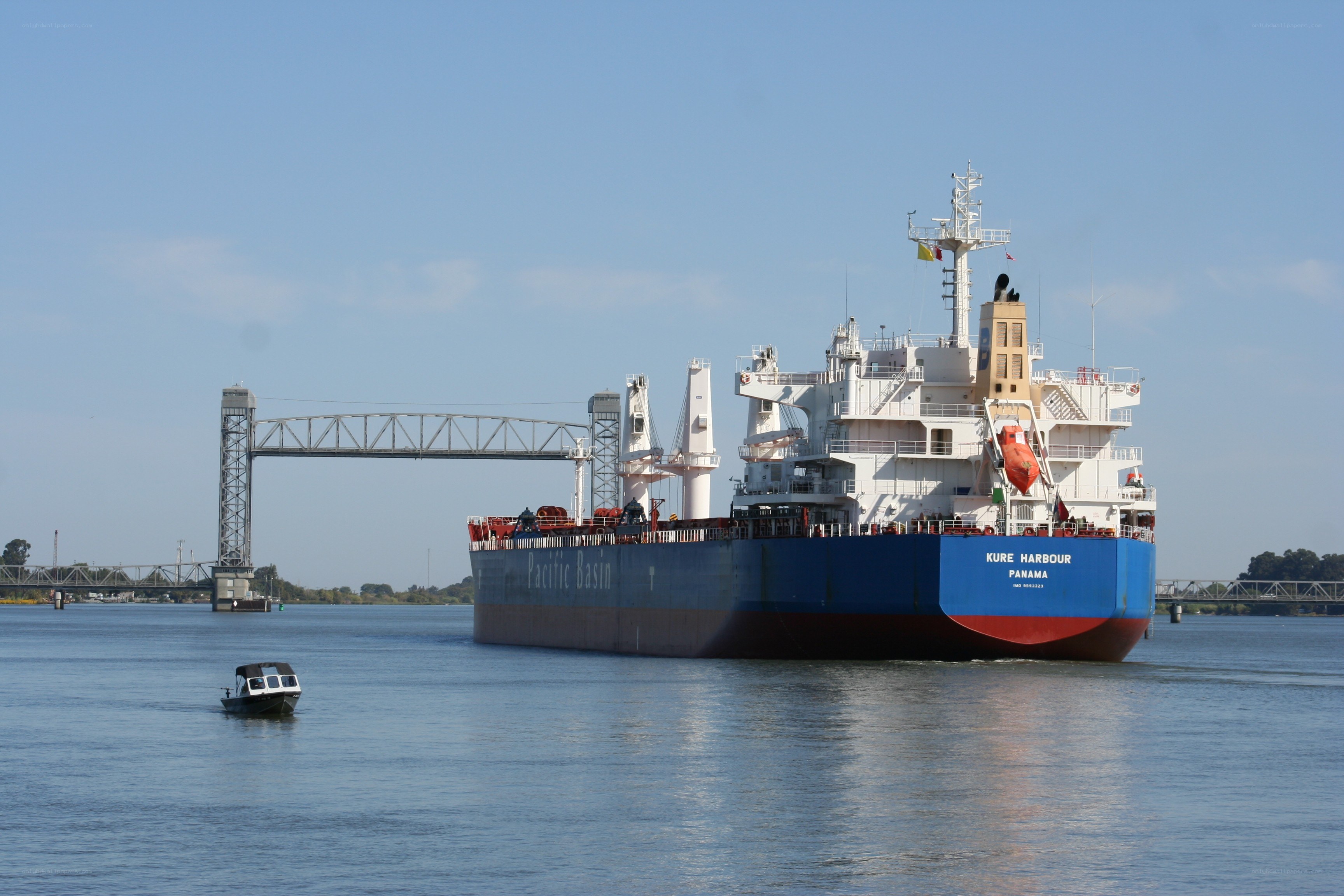 Large cargo ship on a river