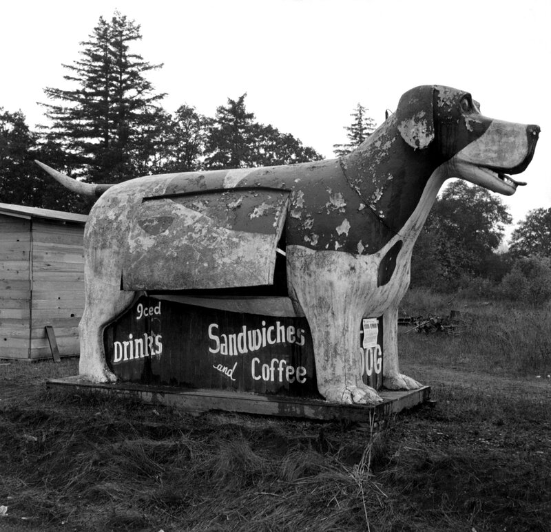 Large dog-shaped sign for food and drinks