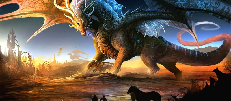 Large Dragon in Landscape — Orange, Dramatic