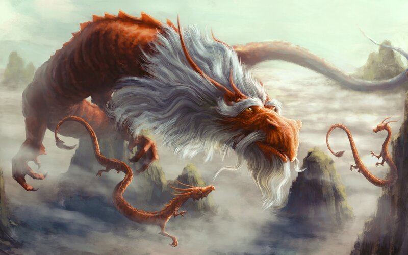 Large Dragon with Two Hatchlings