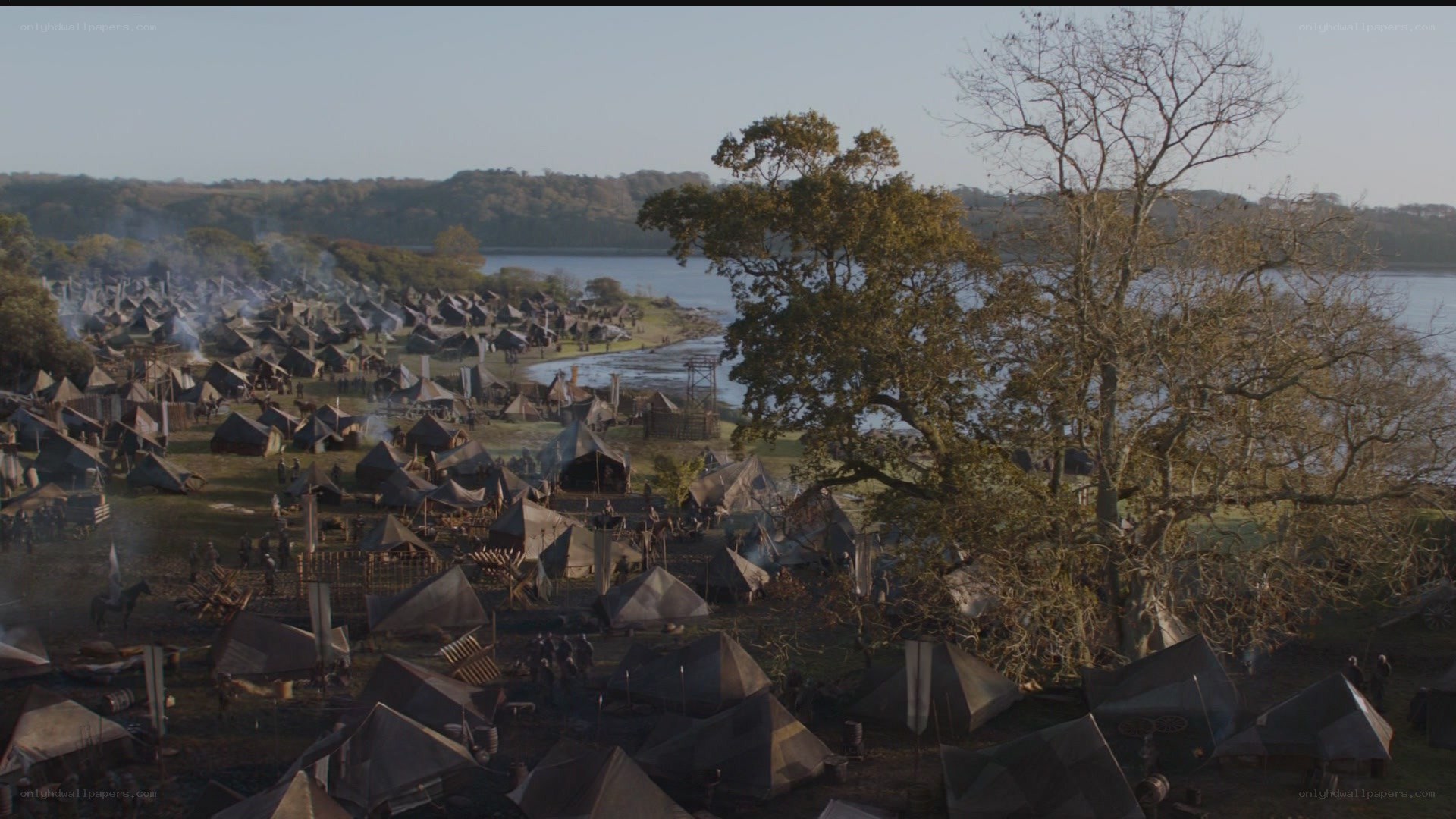 large encampment by the water