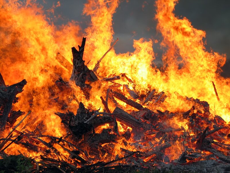 Large fire burning wood