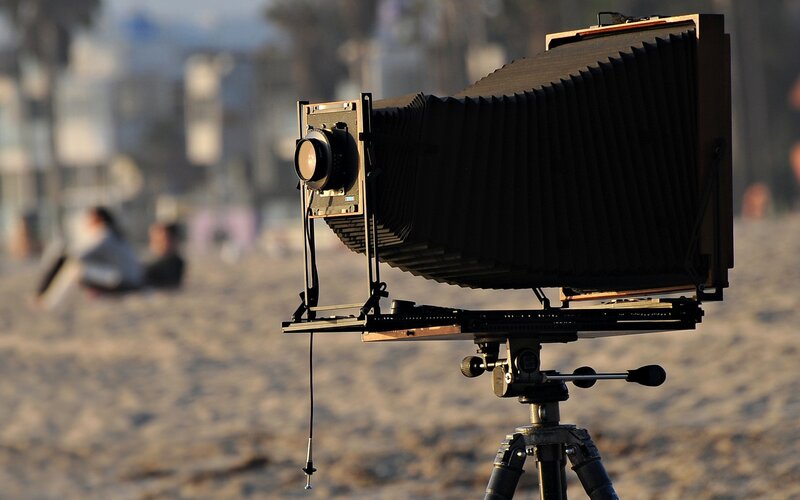 Large format camera on beach