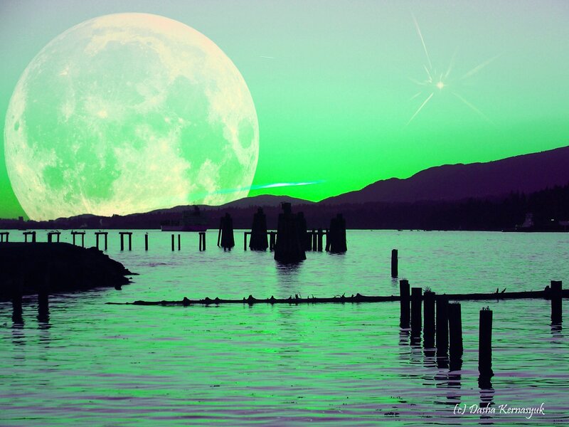 Large Green Moon over Water