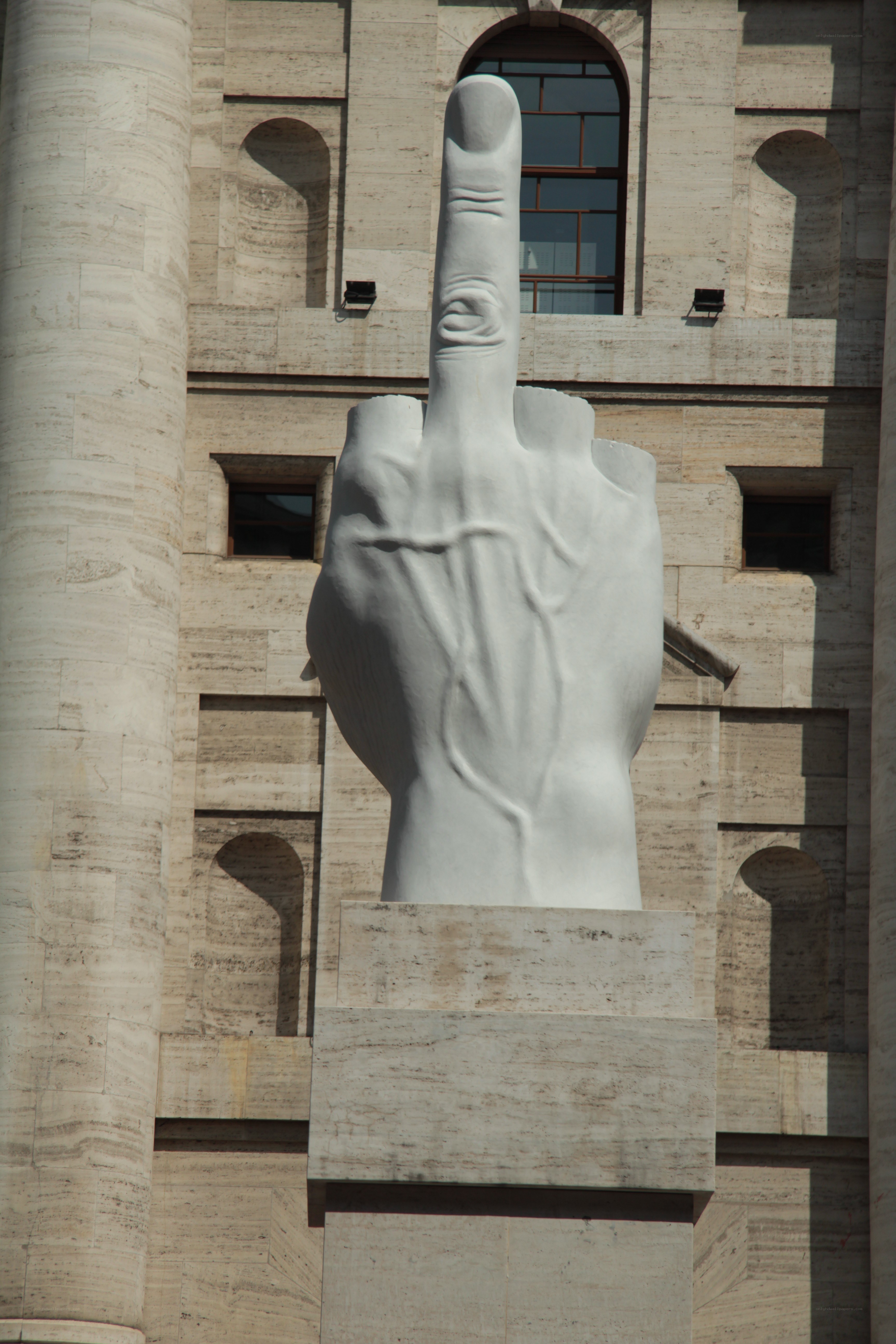 Large hand sculpture with middle finger