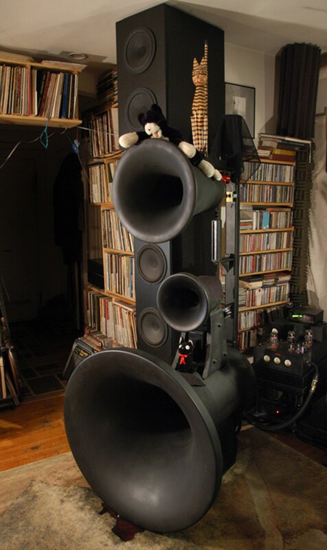 large horn speakers in a music room