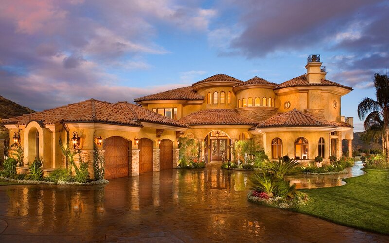 Large House at Dusk — Yellow, Dramatic, Sunset