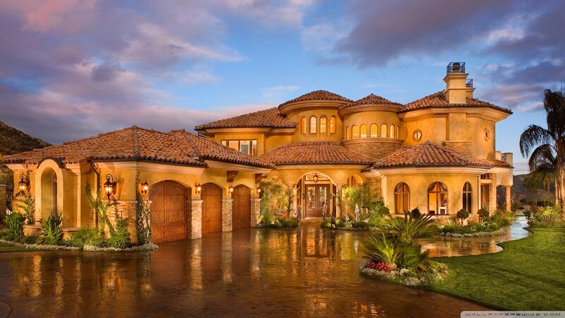 Large House at Dusk — Yellow, Dramatic
