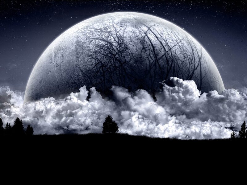 Large Moon Above Clouds — Black, Dramatic, Night, Digital Art, Trees
