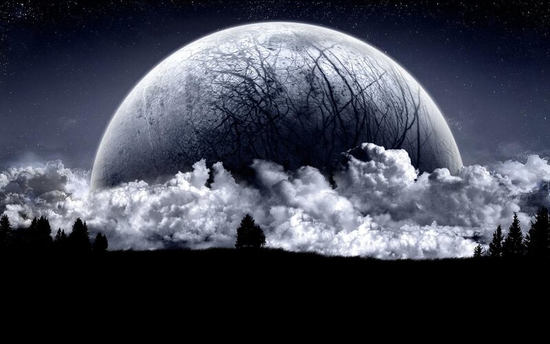 Large Moon Above Clouds — Black, Dramatic