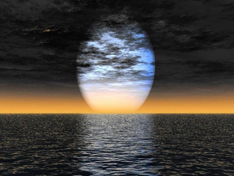 Large Moon over Ocean — Blue, Dramatic