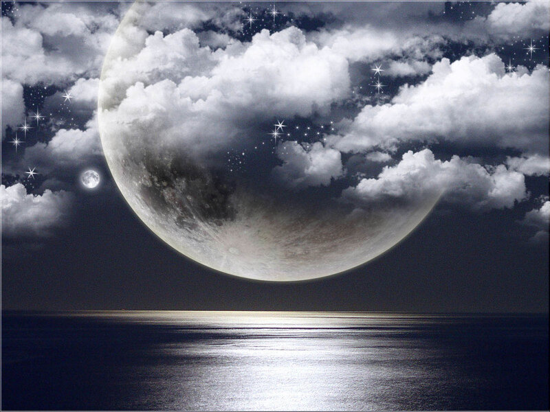 Large Moon over Ocean — Gray, Serene