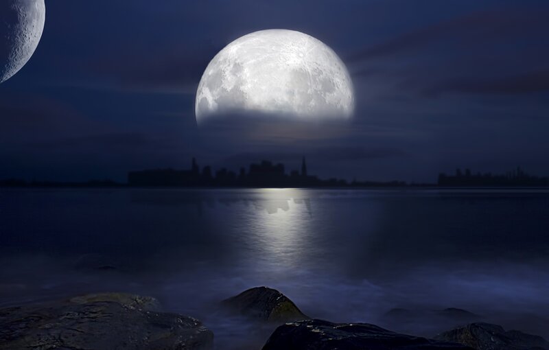 Large Moon over Water — Blue, Dramatic
