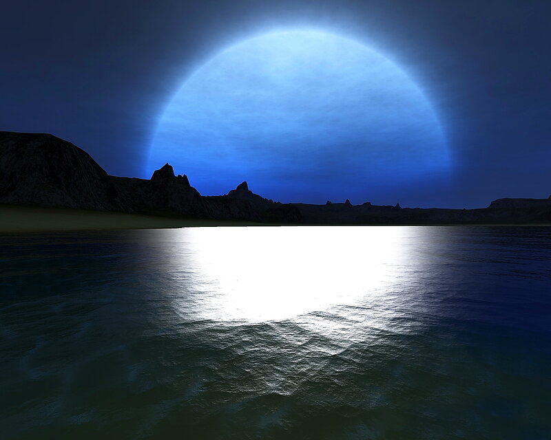 Large Moon over Water — Blue, Serene, Night, 3d Render