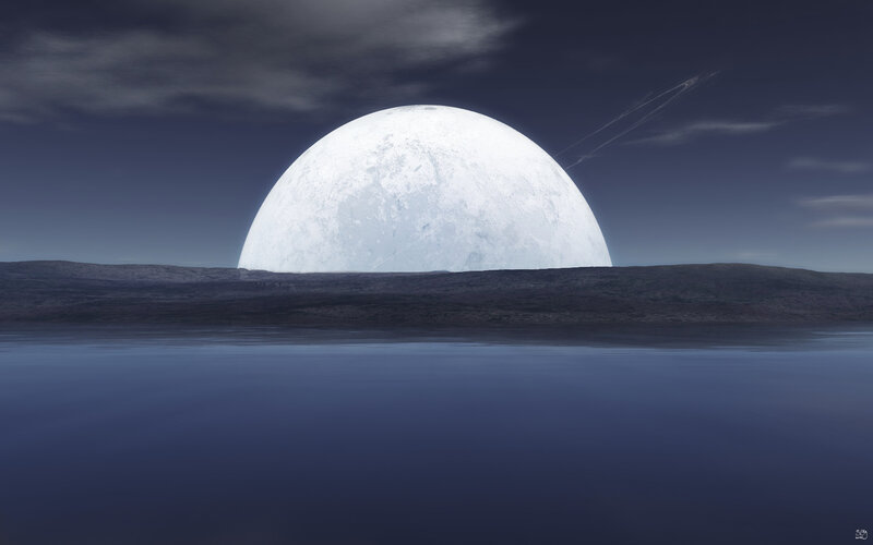 Large Moon over Water — Blue, Serene, Night, Digital Art
