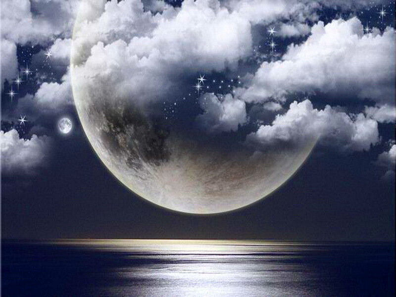 Large Moon over Water — Blue, Serene