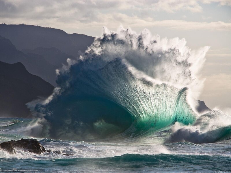 Large Ocean Wave — Blue, Dramatic, Afternoon, Photograph, Mountains