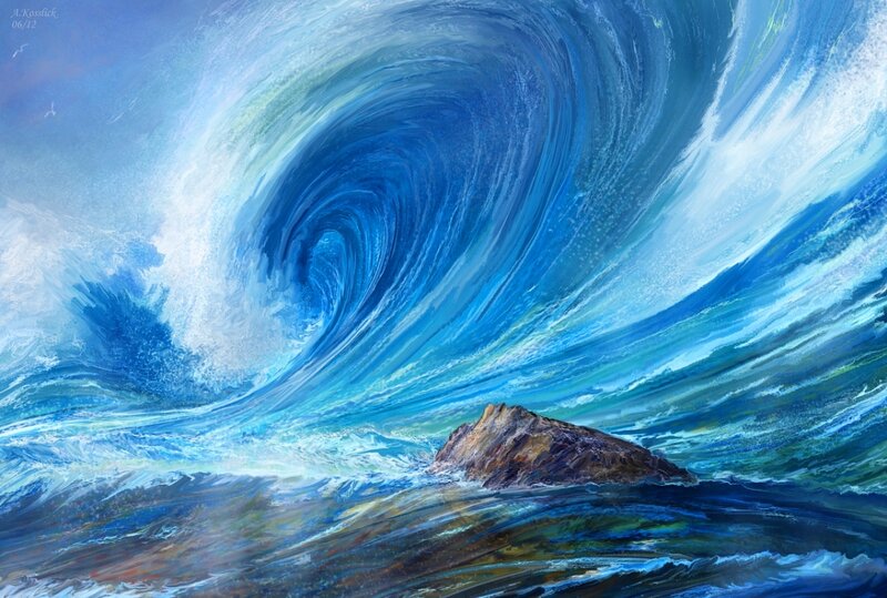 Large Ocean Wave — Blue, Dramatic, Digital Art