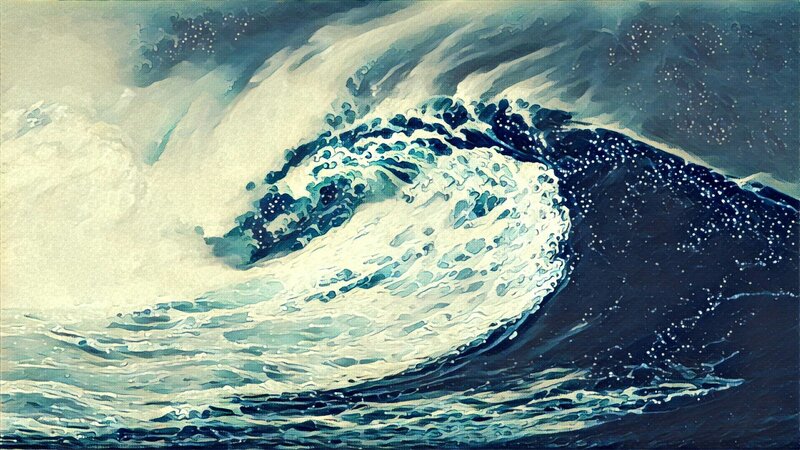 Large Ocean Wave — Blue, Dramatic, Night, Painting