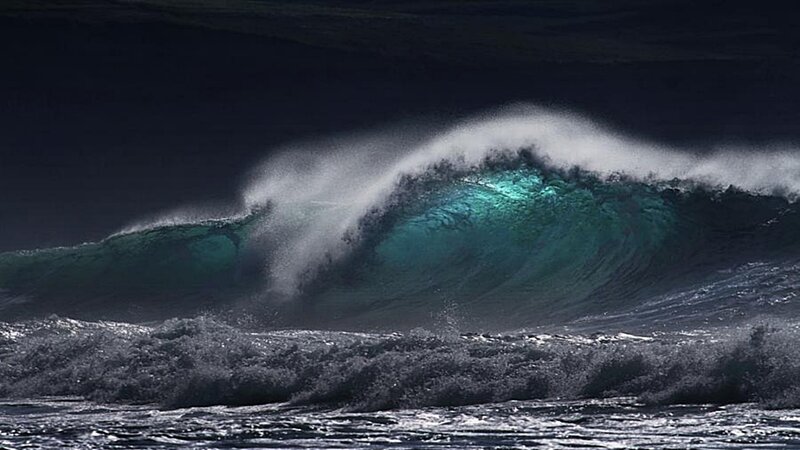 Large Ocean Wave — Blue, Dramatic, Photograph, Sea, Sky, White, Black