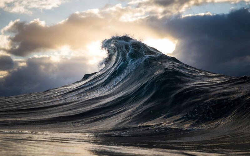 Large Ocean Wave — Blue, Dramatic, Sunset, Photograph, Clouds