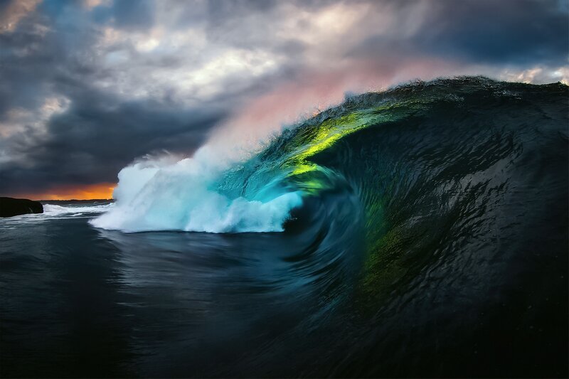 Large Ocean Wave — Blue, Dramatic, Sunset, Photograph, Sky, Clouds