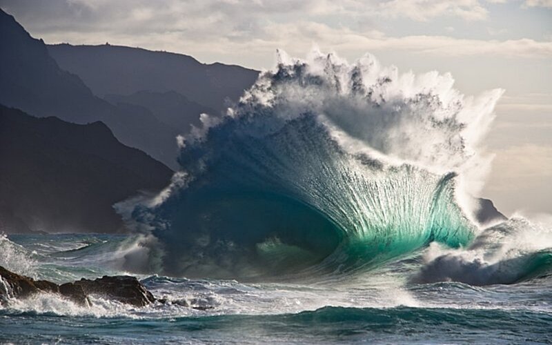 Large Ocean Wave Crashing — Blue, Dramatic, Afternoon, Photograph, Mountains