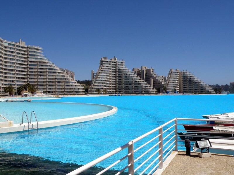 Large pool with city skyline