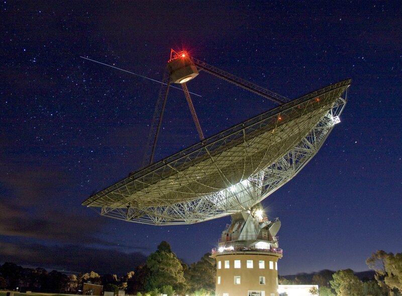 Large radio telescope at night
