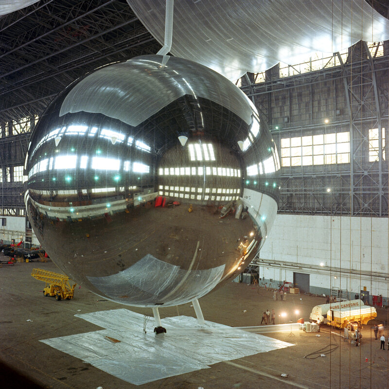 Large reflective sphere in hangar