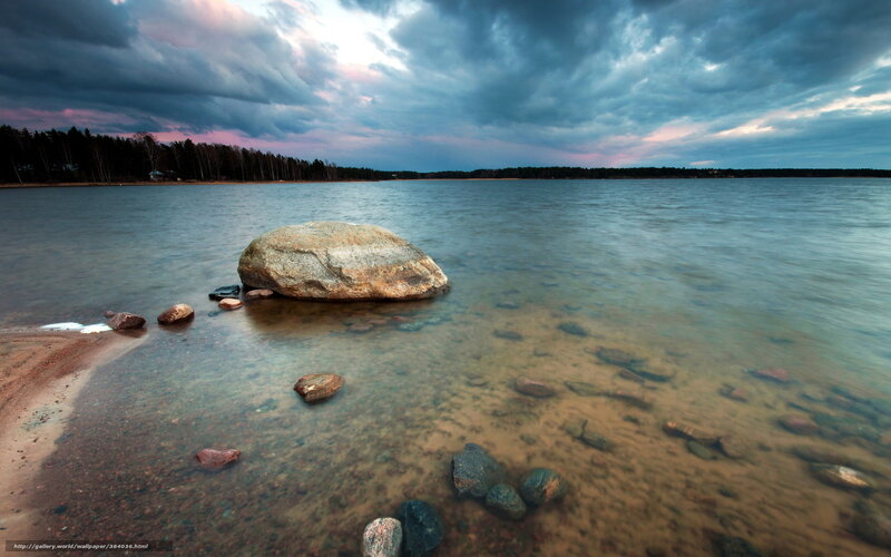 Large Rock in Lake — Blue, Dramatic, Sunset