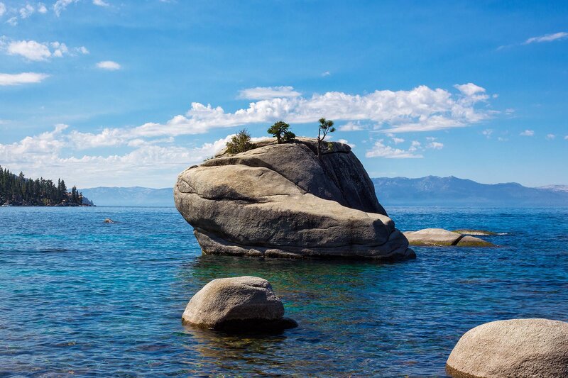 Large Rock in Lake — Blue, Serene