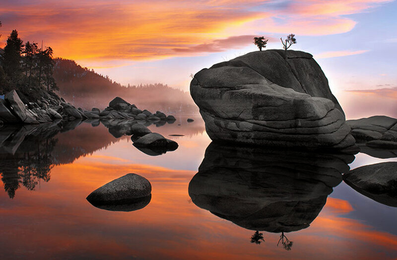 Large Rock in Lake — Orange