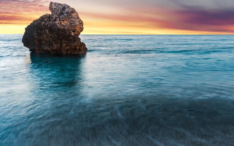 Large Rock in Ocean — Blue, Serene