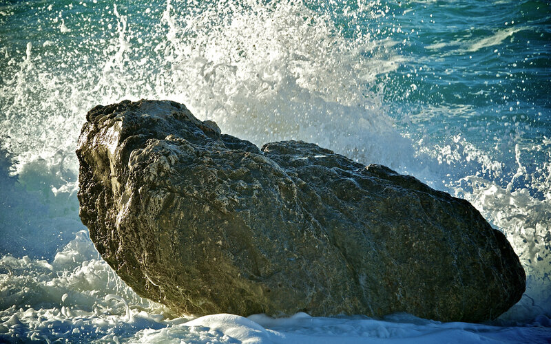 Large Rock in Ocean — Blue