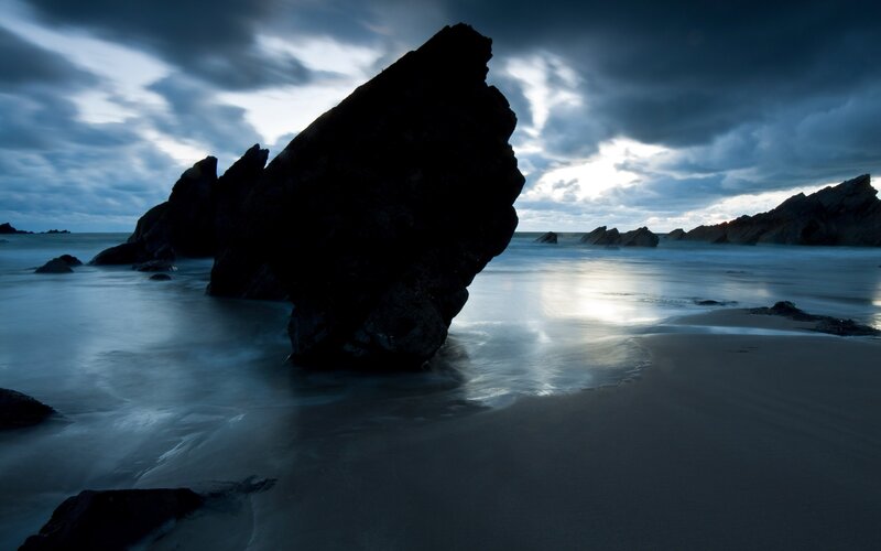 Large Rock on Beach — Blue, Dramatic, Night