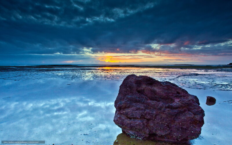 Large Rock on Beach — Blue, Dramatic, Sunset