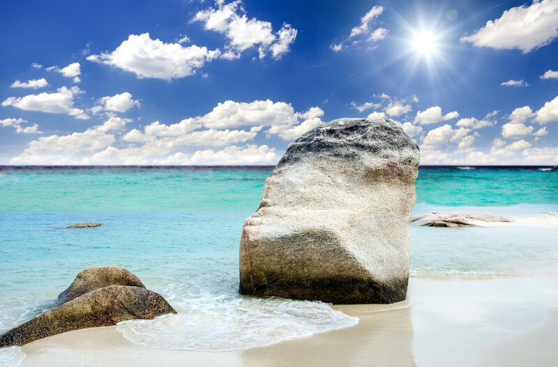 Large Rock on Beach — Blue, Serene, Afternoon