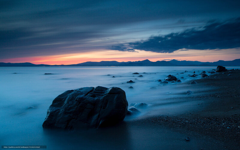 Large Rock on Beach — Blue, Serene, Sunset, Photograph, Rocks